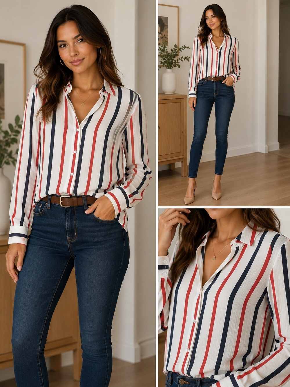 Miss Striped Button-Down Shirt in White, Red & Navy